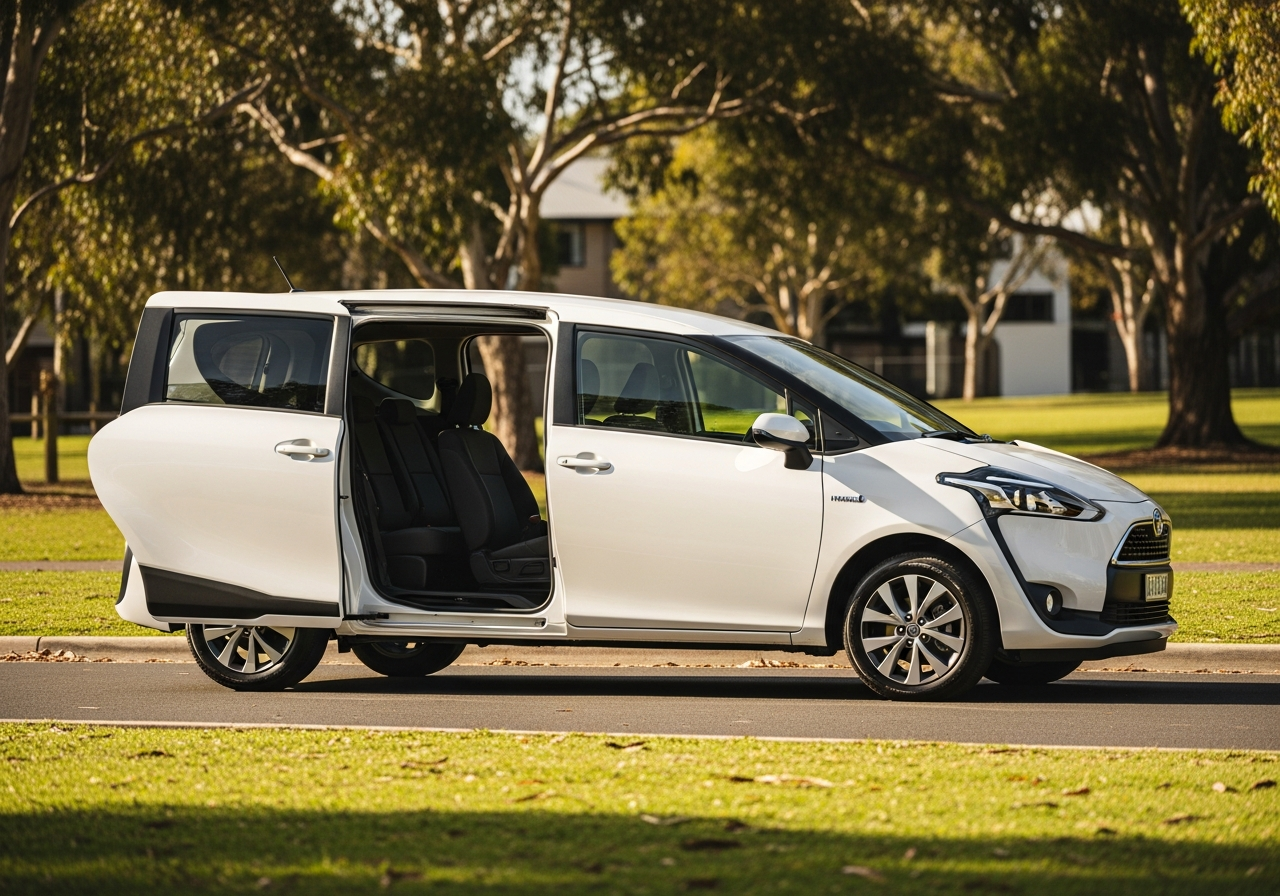 A blue Toyota Sienta Hybrid G, a compact seven-seater hybrid, parked near a park.